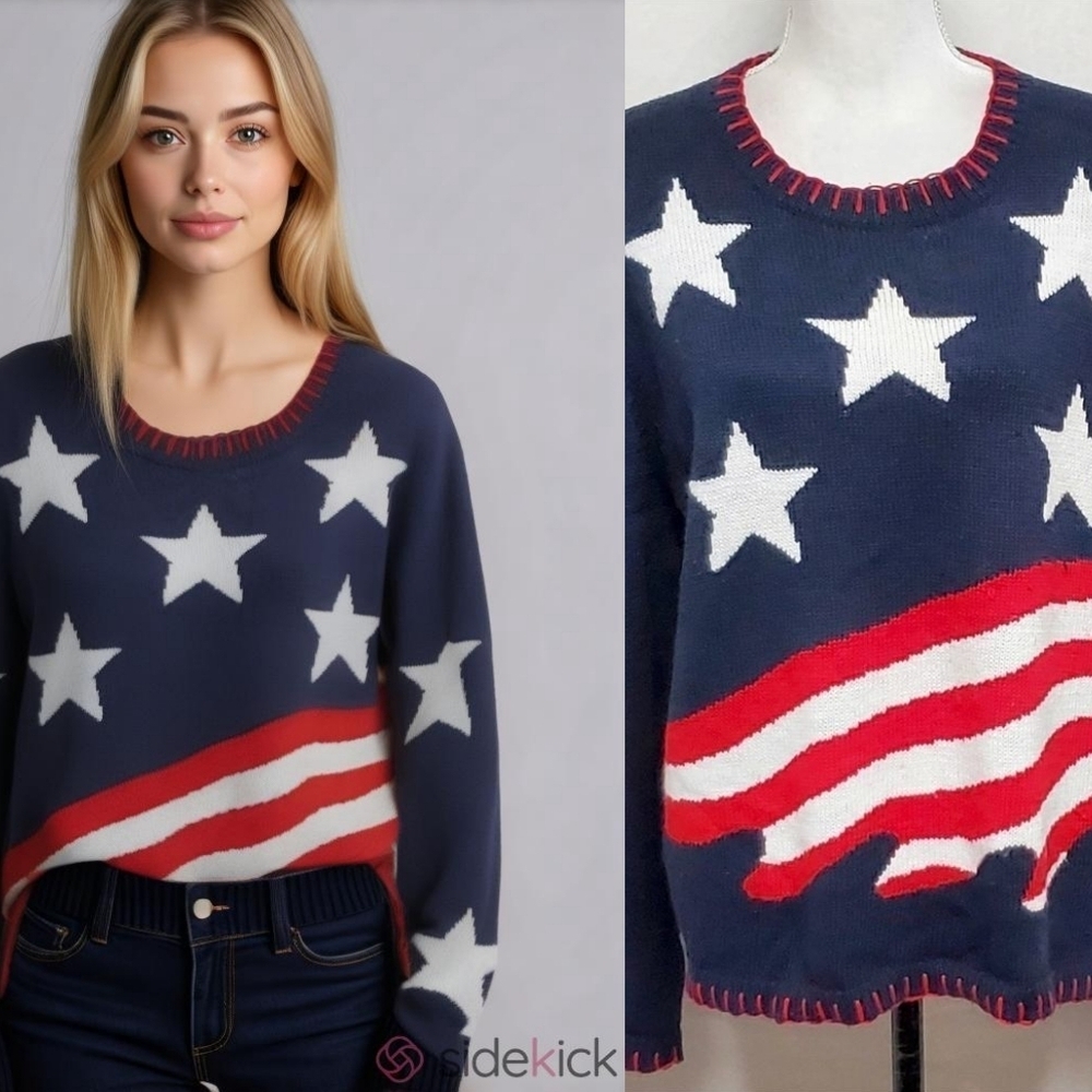 Vintage Carolina Colours Red White Blue Stars Stripes Scallop Knit Loose Sweater
